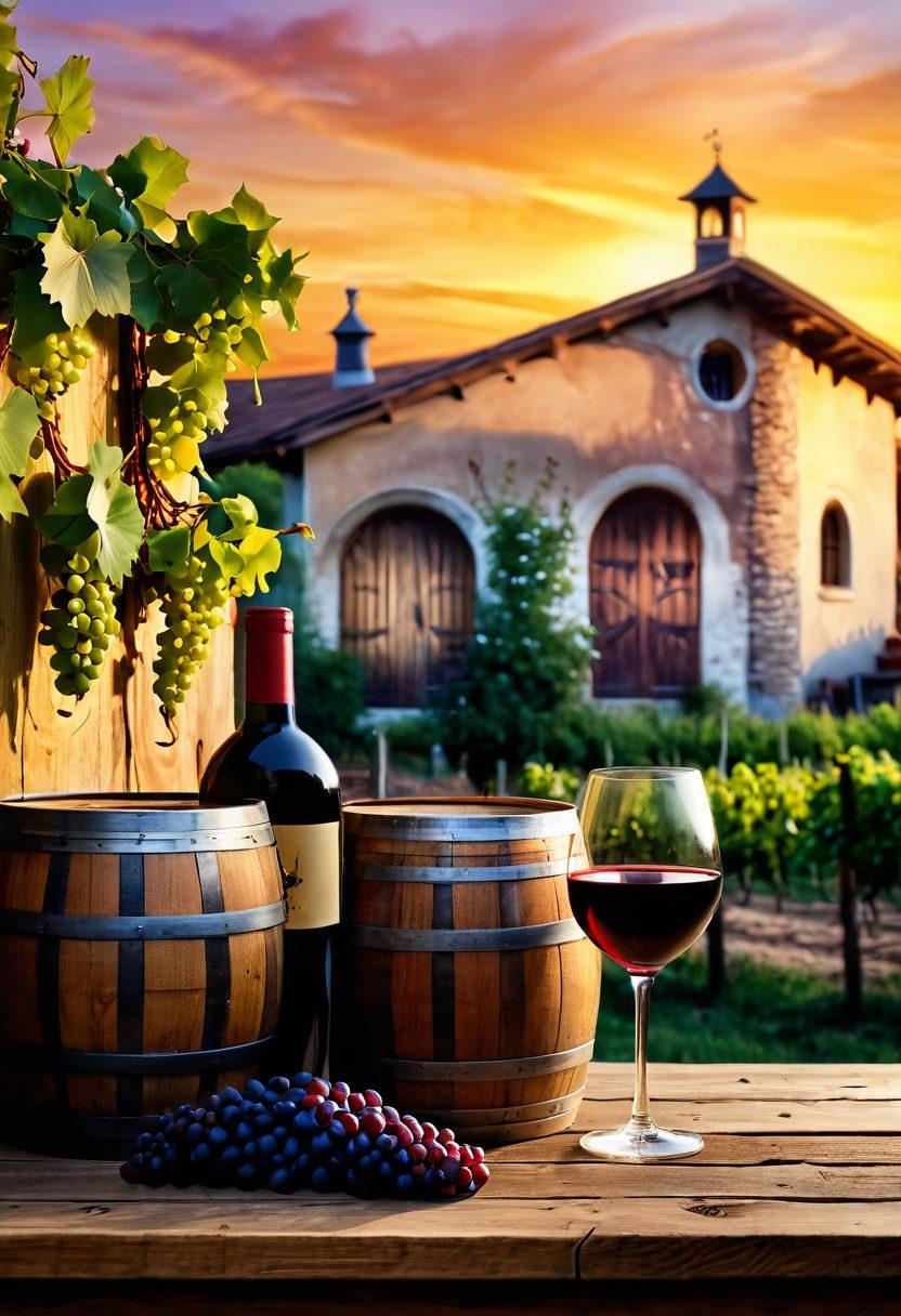 An enchanting vineyard landscape at sunset, with lush grapevines heavy with ripe grapes in the foreground. In the background, a rustic wooden winery featuring barrels and a fermentation tank, with a glass of red wine placed elegantly on a table. Artistic swirls representing the fermentation process are visible in the air, creating an inviting atmosphere. super-realistic. vibrant colors. warm lighting.