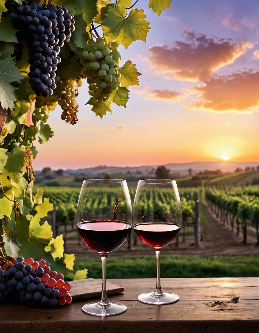 An elegant vineyard landscape at sunset, showcasing lush grapevines intertwined with glistening clusters of grapes. In the foreground, a sommelier elegantly pours deep ruby-red wine into a crystal glass, capturing the essence of tasting. Surrounding elements like fermentation barrels and tasting notes subtly blend into the background, evoking the magic of wine creation. The atmosphere should feel warm and inviting, emphasizing the journey from grape to glass. vibrant colors. super-realistic.
