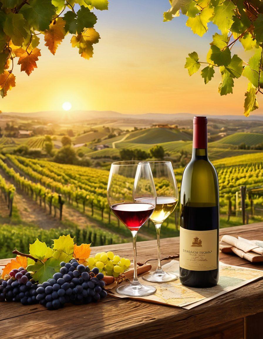 A sprawling vineyard under a golden sunset, featuring various wine varietals showcased in elegant glasses, with a map overlay highlighting famous wine regions. Distinctive grape clusters hang from vividly green vines, while a rustic wooden table sets the scene with a corkscrew and a bottle of fine wine. A picturesque landscape brings out the charm of wine culture. vibrant colors. super-realistic.